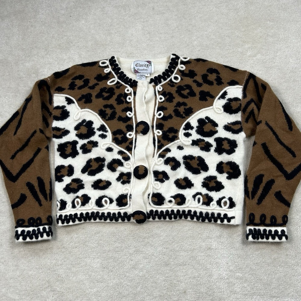 Vintage 90s Lambswool Angora Rabbit Fur Cardigan Women's L Cheetah Animal Print
